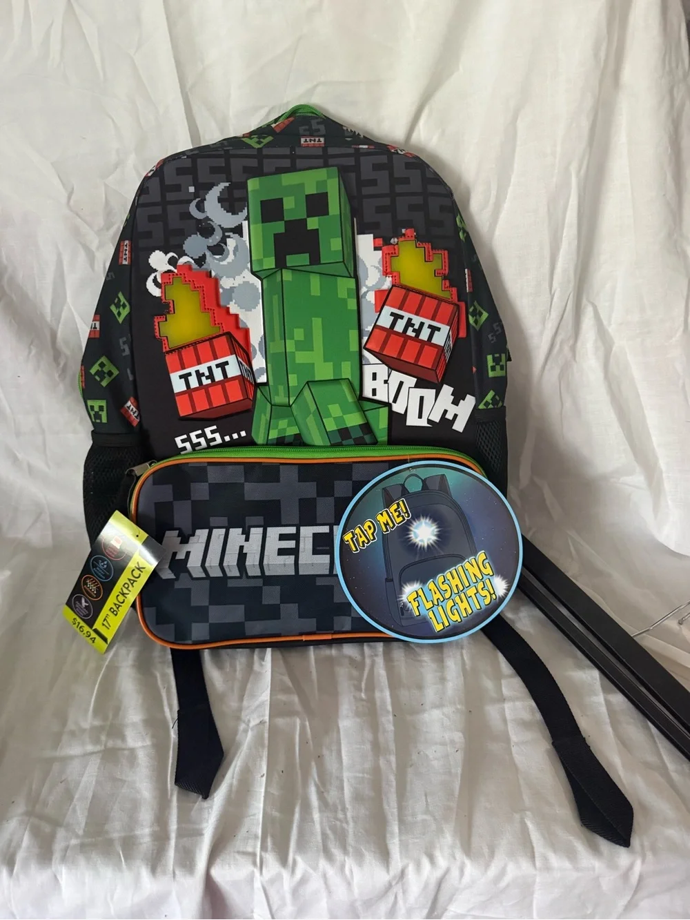 Minecraft Kids Creeper Black & Green Backpack with Flashing Lights